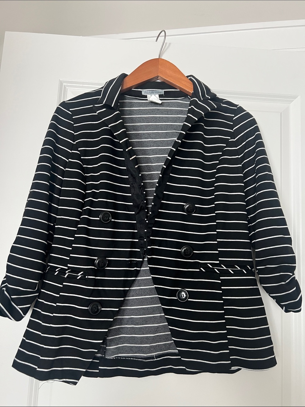 Charlotte Russe Black & White Striped Double-Breasted Blazer